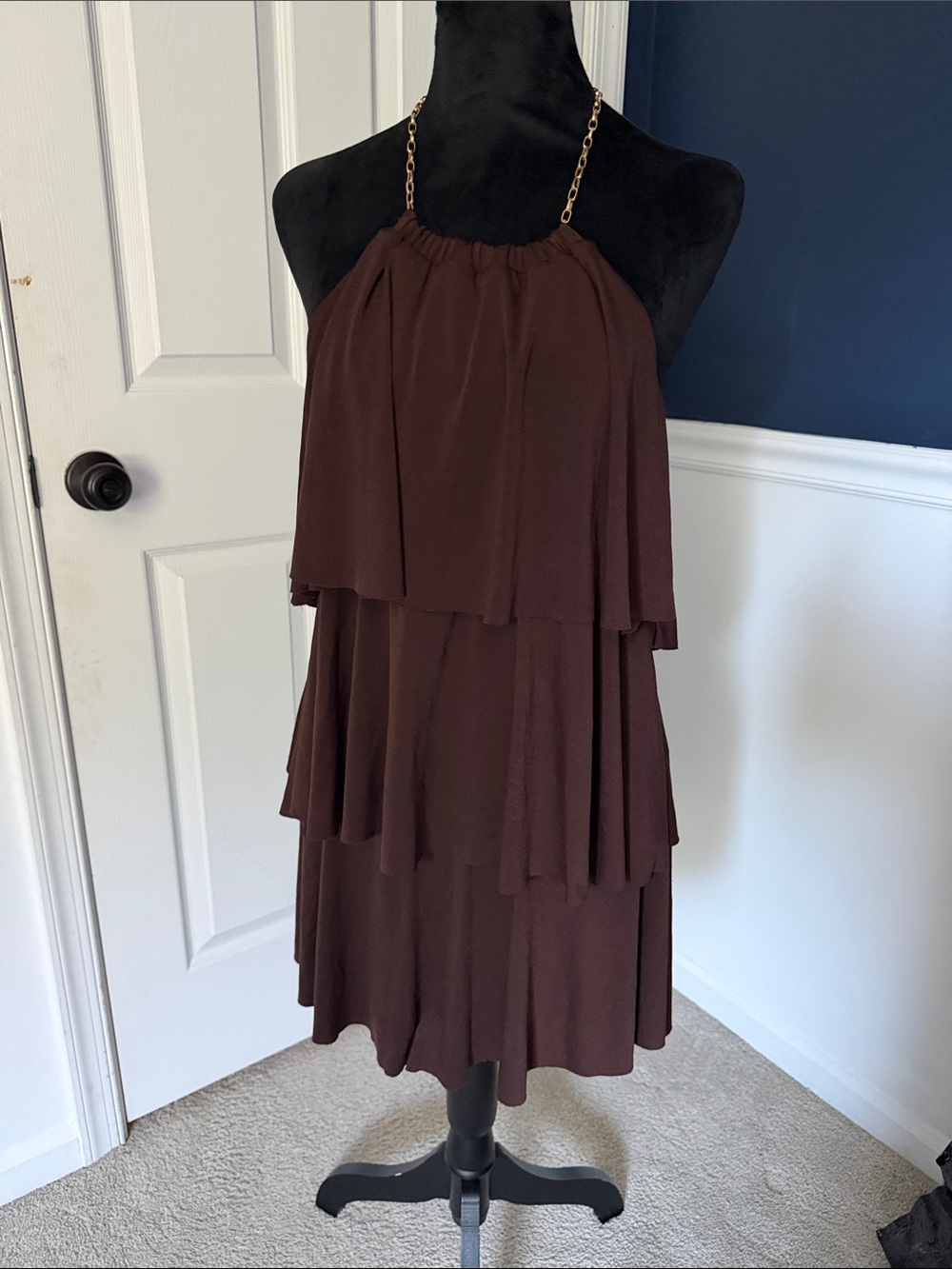 Candie's Brown Tiered Halter Mini Dress with Gold Chain